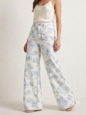Kensie Jeans High Rise Palazzo Cream Blue Floral Print softy twill 12/31 size 12